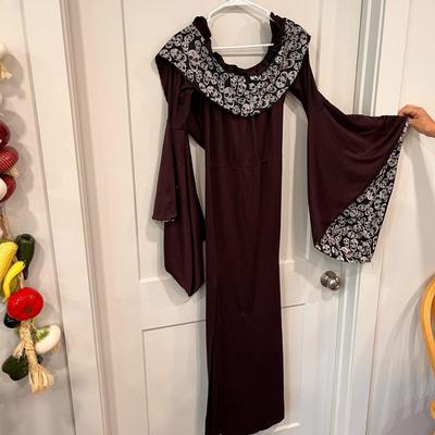 GOTHIC EGGPLANT COLOR DRESS w/SKELETON HOOD, SLEEVES, RED GLITTERY EYES