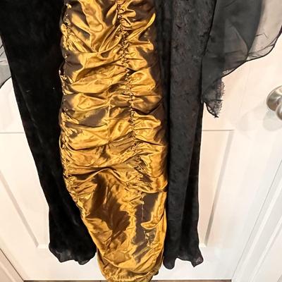 GOLD SATIN, BLACK CRUSHED VELVET LONG DRESS LACE-UP BODICE
