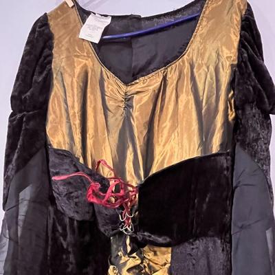 GOLD SATIN, BLACK CRUSHED VELVET LONG DRESS LACE-UP BODICE