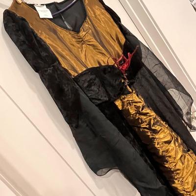 GOLD SATIN, BLACK CRUSHED VELVET LONG DRESS LACE-UP BODICE