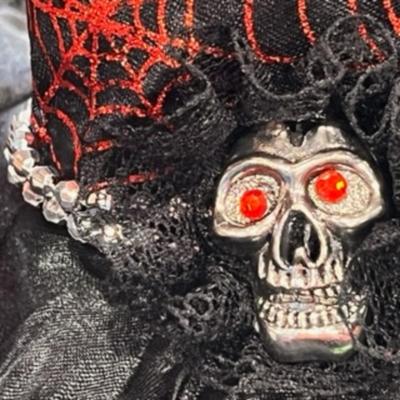SMALL RED, BLACK SKELETON MEDALLION LACEY WITCHâ€™S HAT HEADBAND