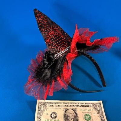 SMALL RED, BLACK SKELETON MEDALLION LACEY WITCHâ€™S HAT HEADBAND