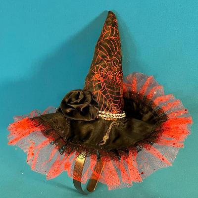 SMALL RED, BLACK SKELETON MEDALLION LACEY WITCHâ€™S HAT HEADBAND