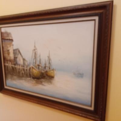 Vintage Original Impressionist Oil Painting Boats At Port