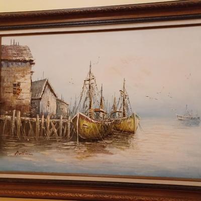 Vintage Original Impressionist Oil Painting Boats At Port