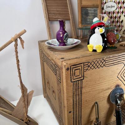 Large custom wood crate with collectible kitchen and other items