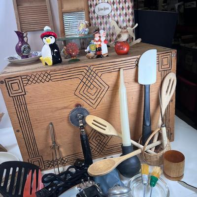 Large custom wood crate with collectible kitchen and other items