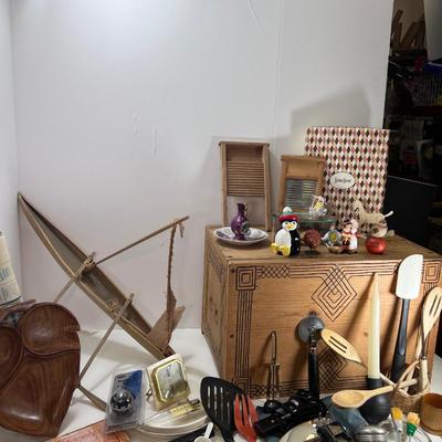Large custom wood crate with collectible kitchen and other items