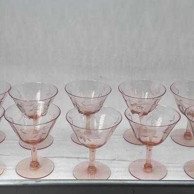 10 etched floral pink depression wine glasses