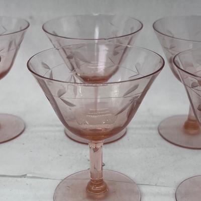 10 etched floral pink depression wine glasses