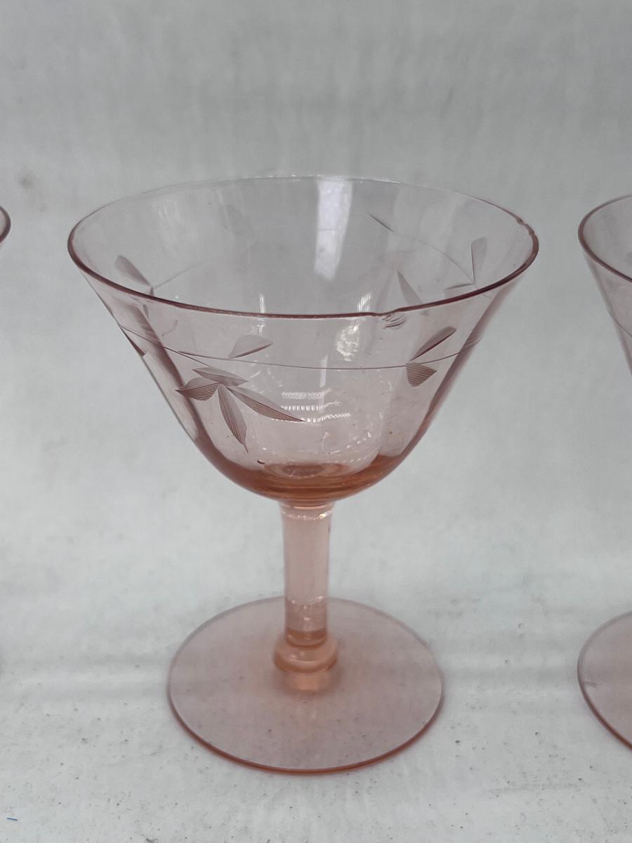 1930s Etched Pink Depression Glass Wine Glasses Stemware - Set of