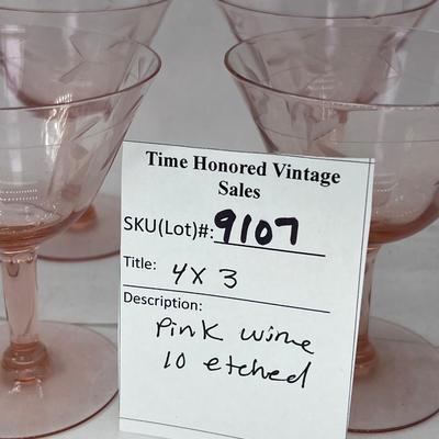 10 etched floral pink depression wine glasses