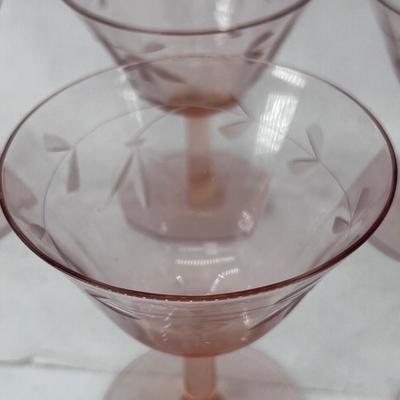 10 etched floral pink depression wine glasses