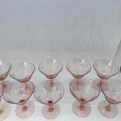 10 etched floral pink depression wine glasses