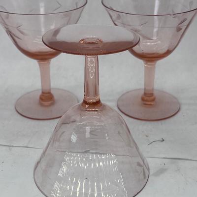 10 etched floral pink depression wine glasses
