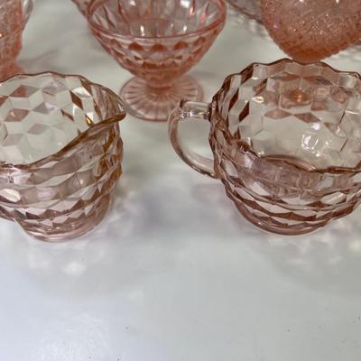 11 pieces faceted optic pink  Depression glass