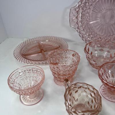 11 pieces faceted optic pink  Depression glass