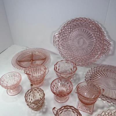 11 pieces faceted optic pink  Depression glass