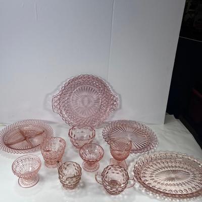 11 pieces faceted optic pink  Depression glass