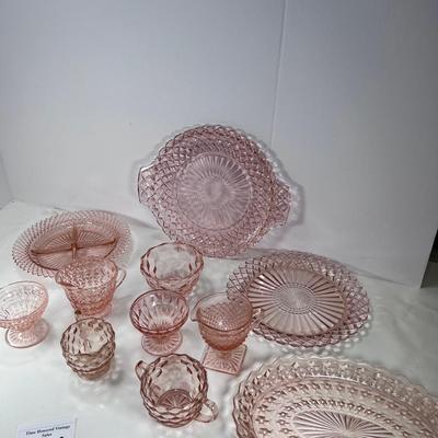 11 pieces faceted optic pink  Depression glass