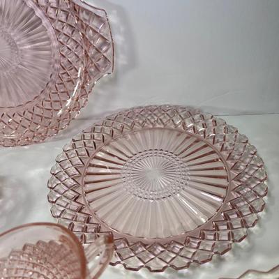11 pieces faceted optic pink  Depression glass