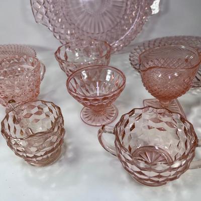 11 pieces faceted optic pink  Depression glass
