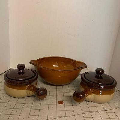 Crock Bowls with Lids & Serving Bowl