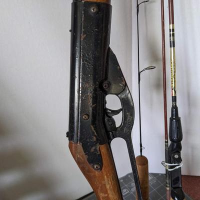 Pool Cue Rack, BB Gun, and Fishing Rod Bundle