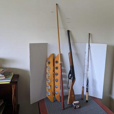 Pool Cue Rack, BB Gun, and Fishing Rod Bundle