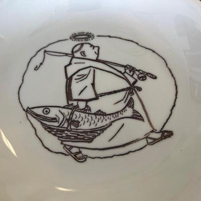1960 TEPCO, Restaurant ceramic set. Monk, Friar with Fish logo plates, Cups Bowls, platters, tarter, gravy boats, Large Friar beer Sign