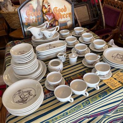 1960 TEPCO, Restaurant ceramic set. Monk, Friar with Fish logo plates, Cups Bowls, platters, tarter, gravy boats, Large Friar beer Sign