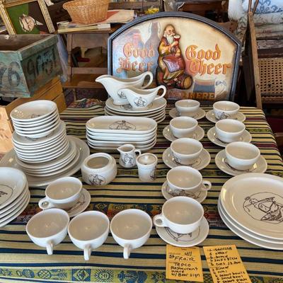 1960 TEPCO, Restaurant ceramic set. Monk, Friar with Fish logo plates, Cups Bowls, platters, tarter, gravy boats, Large Friar beer Sign