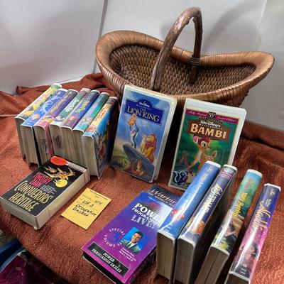 13 Disney VHS tapes 1 audio book in decorative Large  basket