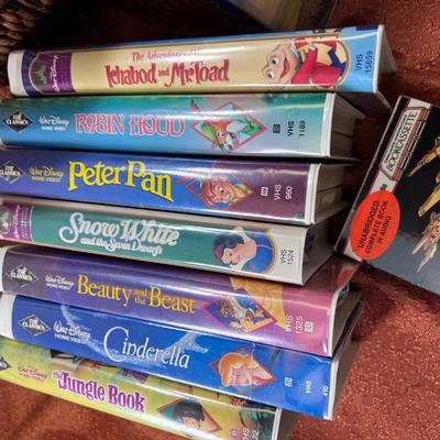 13 Disney VHS tapes 1 audio book in decorative Large  basket
