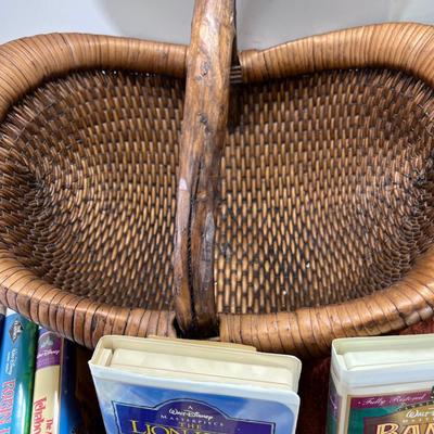 13 Disney VHS tapes 1 audio book in decorative Large  basket