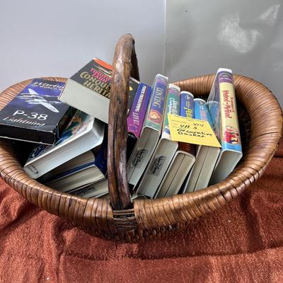 13 Disney VHS tapes 1 audio book in decorative Large  basket
