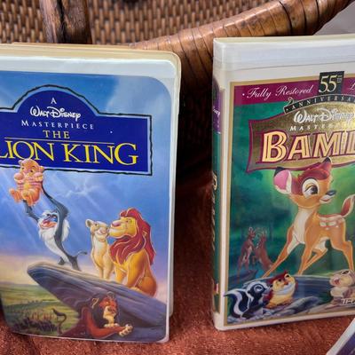 13 Disney VHS tapes 1 audio book in decorative Large  basket