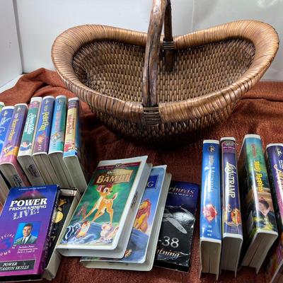 13 Disney VHS tapes 1 audio book in decorative Large  basket
