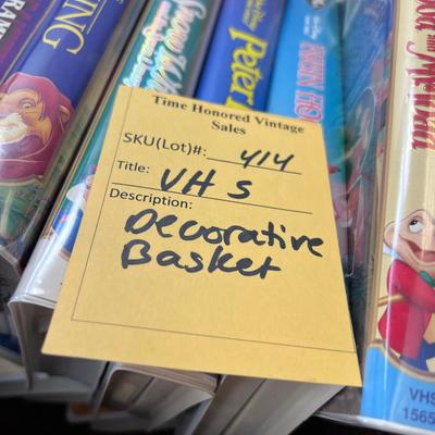 13 Disney VHS tapes 1 audio book in decorative Large  basket