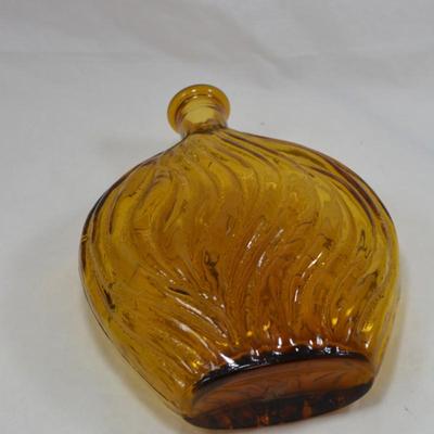 Vintage Mid 20th Century Amber Flask Bottle with Heavy Scrolled Details 9.25"