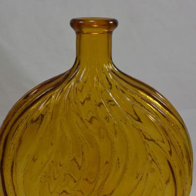 Vintage Mid 20th Century Amber Flask Bottle with Heavy Scrolled Details 9.25"