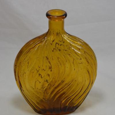 Vintage Mid 20th Century Amber Flask Bottle with Heavy Scrolled Details 9.25"