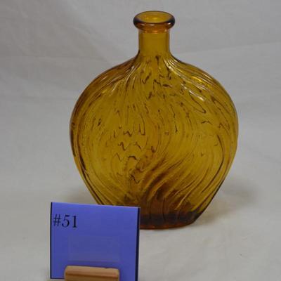 Vintage Mid 20th Century Amber Flask Bottle with Heavy Scrolled Details 9.25"