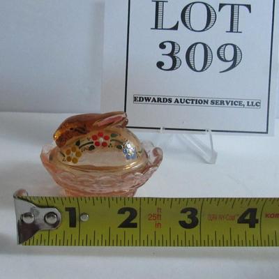 Lot 309:  Older Hand Painted Boyd Glass Bunny Covered Salt Dip