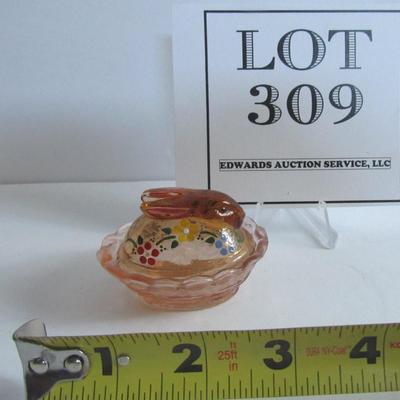 Lot 309:  Older Hand Painted Boyd Glass Bunny Covered Salt Dip