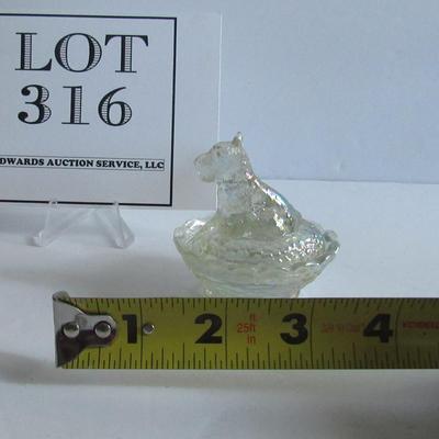 Lot 316:  Clear Carnival Glass Boyd Scotty Dog Covered Salt