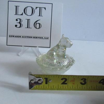 Lot 316:  Clear Carnival Glass Boyd Scotty Dog Covered Salt