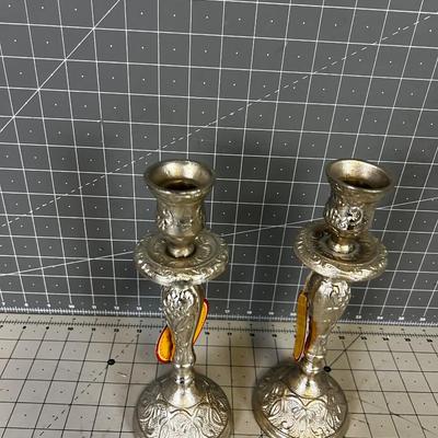 Silver Toned Brass Candle Sticks (2) 