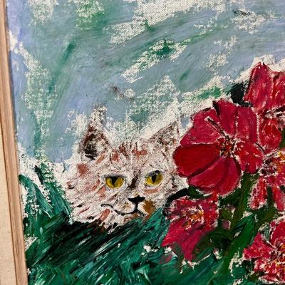 Amateur Painting of Cat on Board 
