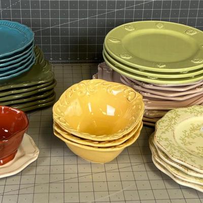 Mixed Lot of Colored Stoneware Dishes 